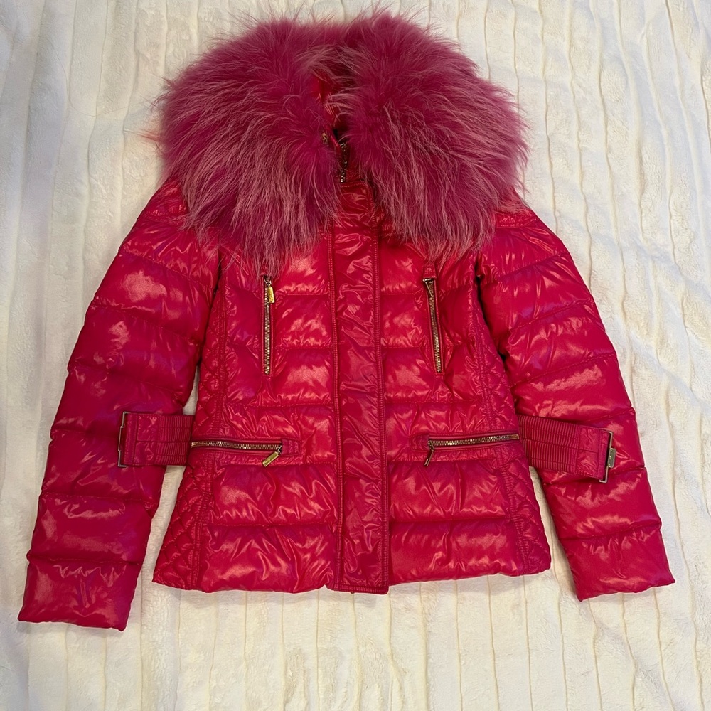 Moncler Vibrant Pink Fur Collar Jacket Size 1